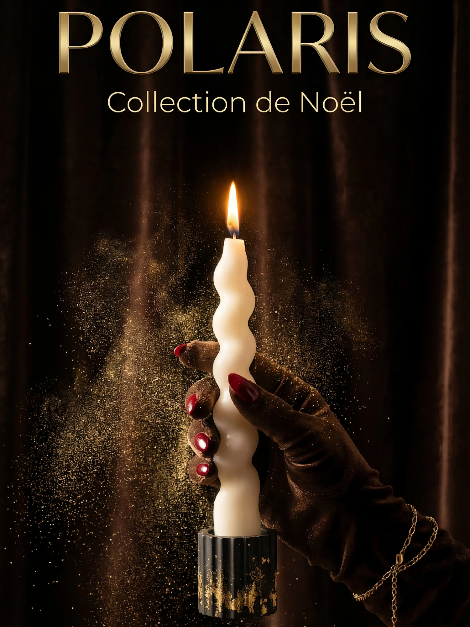 collection polaris, collection de noel, bougie ho'maha, fond noir et dorure