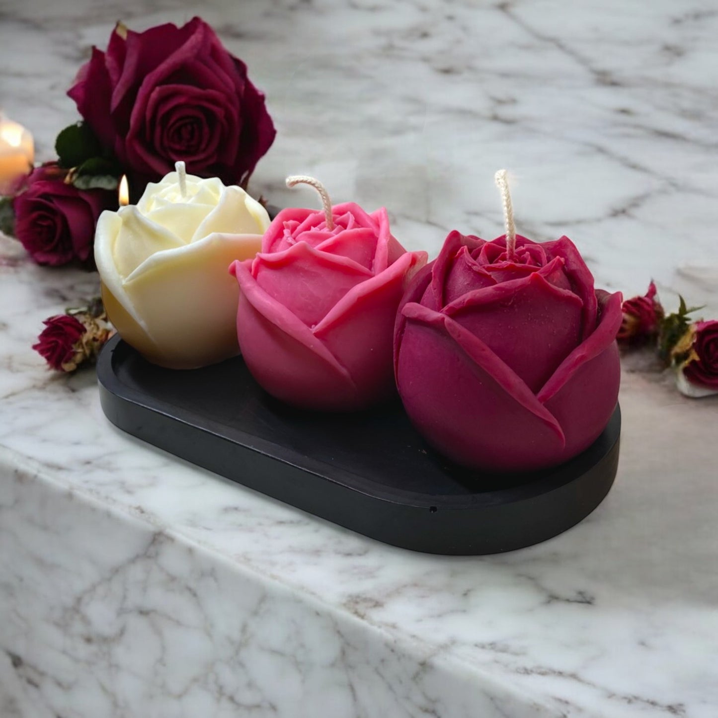 Bougie décorative parfumée en cire végétale, fleurs en forme de roses, couleur tricolore, fabriquée à la main – HO'MAHA.