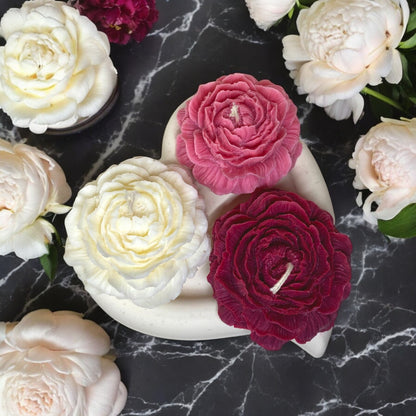 Bougie décorative parfumée en cire végétale, forme de pivoine, tricolore, fabriquée à la main – HO'MAHA.
